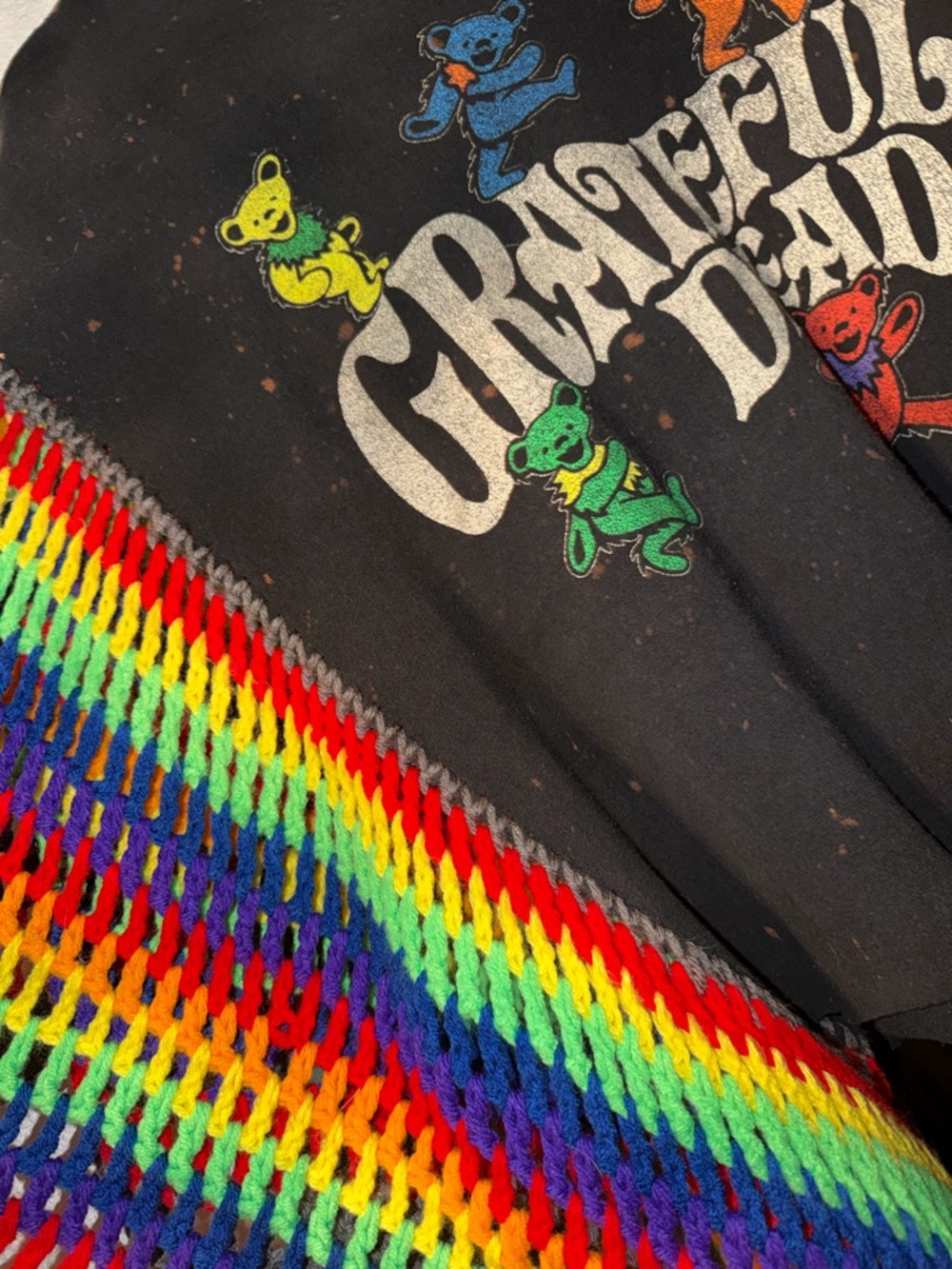 Grateful Dead Rainbow Bear Crocheted Sleeve Top - Black & Rainbow handmade - Picture 3 of 4